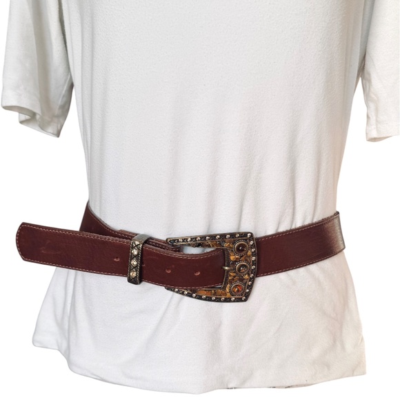 Leatherock Brown Leather Belt Mosaic Western Buckle M34 main image 9